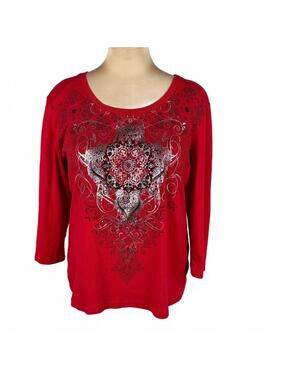 Red Long Sleeve Scoop Neck Shirt with Decorative Front Design